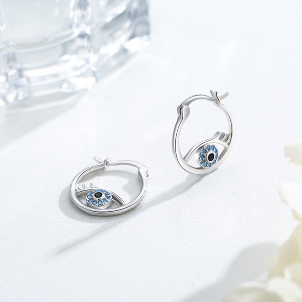 925 Sterling Silver Evil Eye Hoop Trendy Huggie Earrings